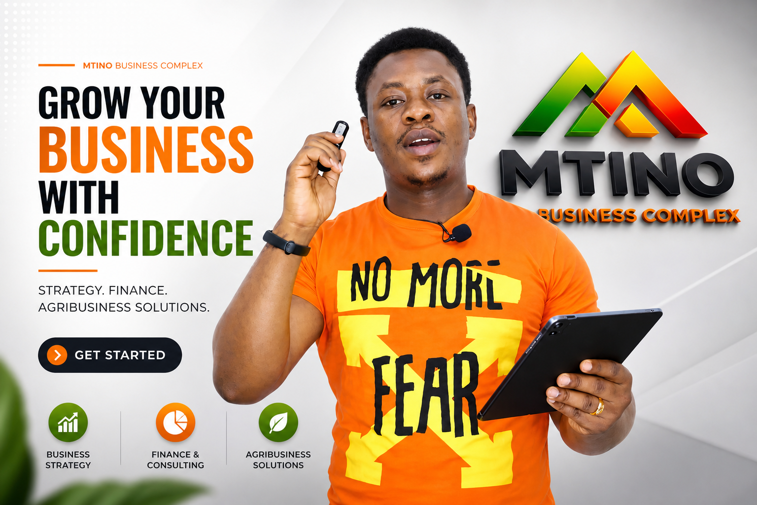 MTINO Business Complex presenter promoting business strategy, finance consulting, and agribusiness solutions